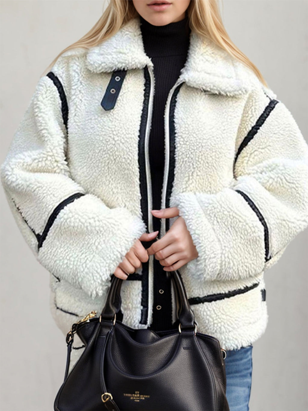 Zip Up Long Sleeve Sherpa Jacket - White / XS