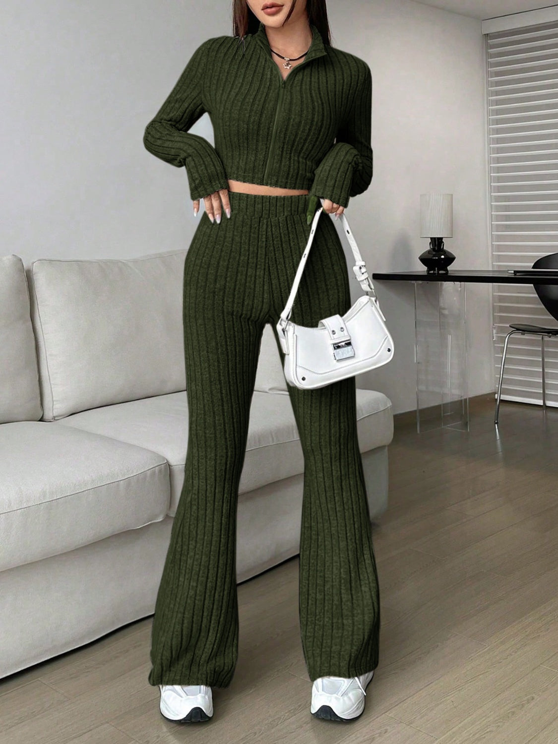 Zip Up Long Sleeve Top and Pants Set