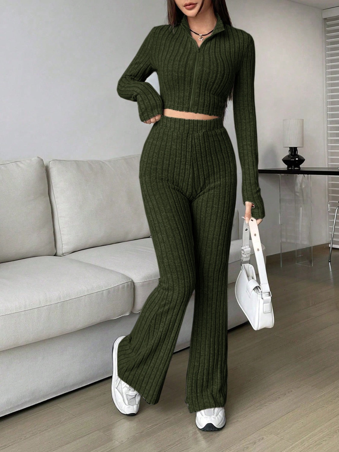 Zip Up Long Sleeve Top and Pants Set