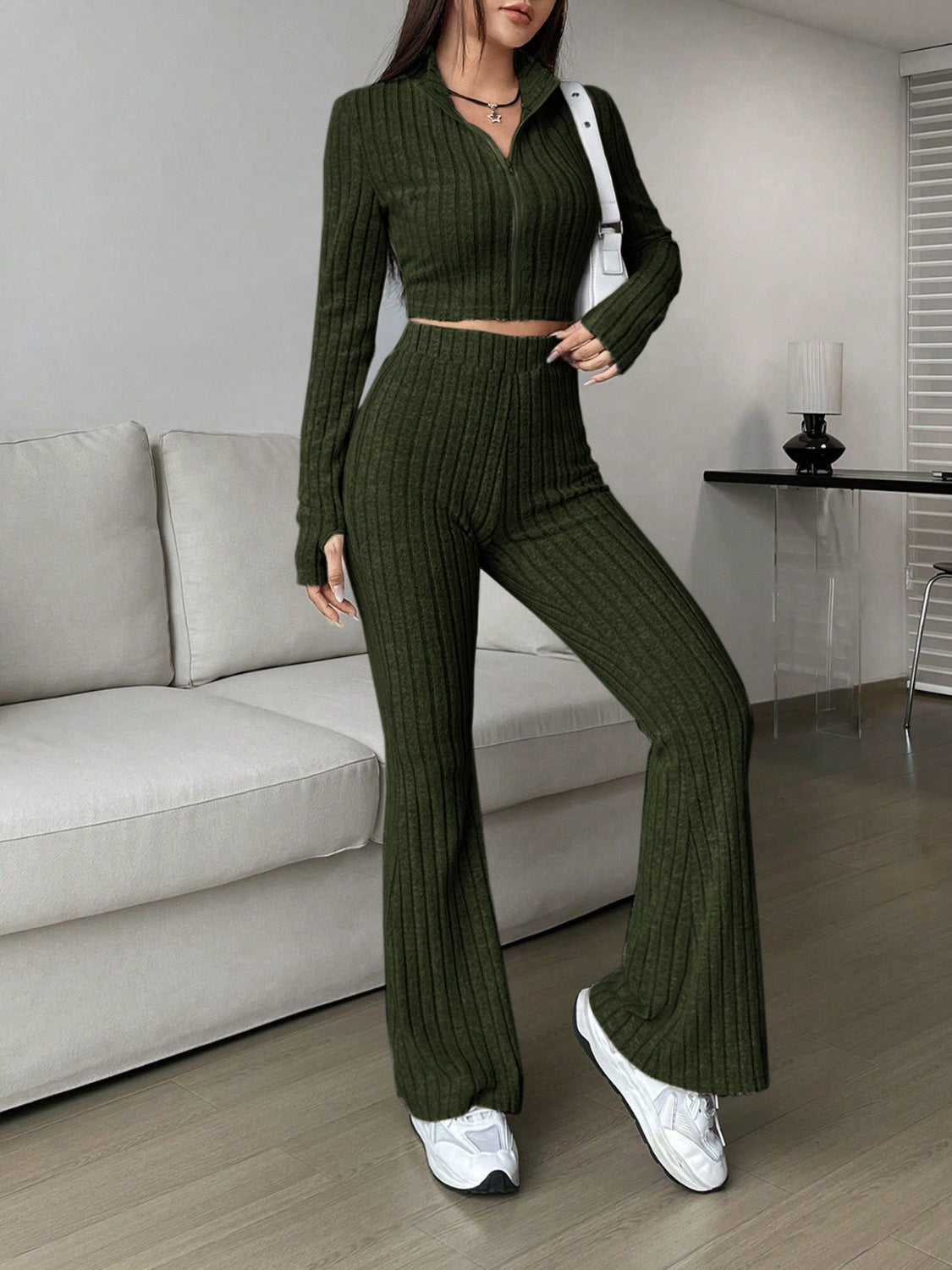 Zip Up Long Sleeve Top and Pants Set - Army Green / S