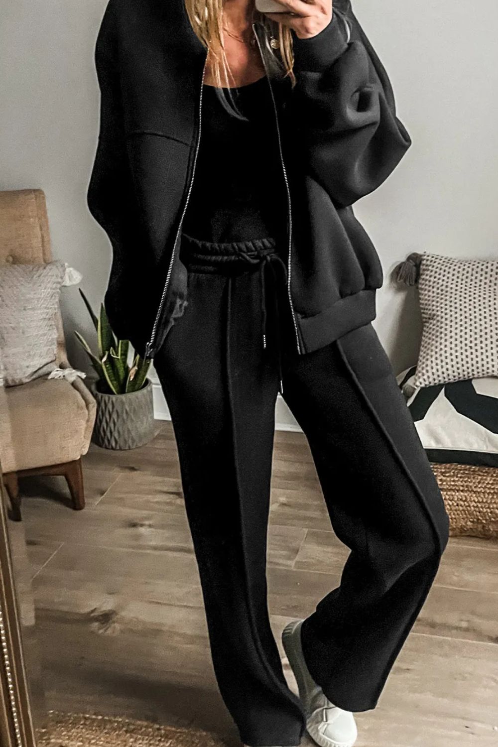 Zip Up Long Sleeve Top and Pants Set - Black / S
