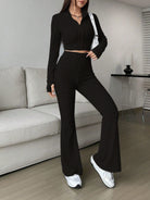 Zip Up Long Sleeve Top and Pants Set - Black / S