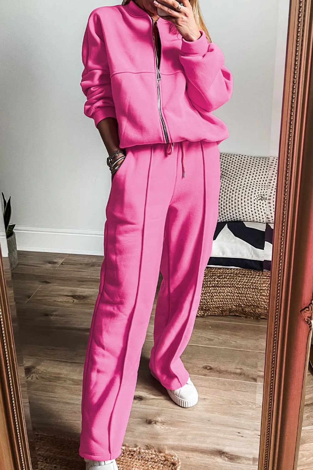 Zip Up Long Sleeve Top and Pants Set - Fuchsia Pink / S