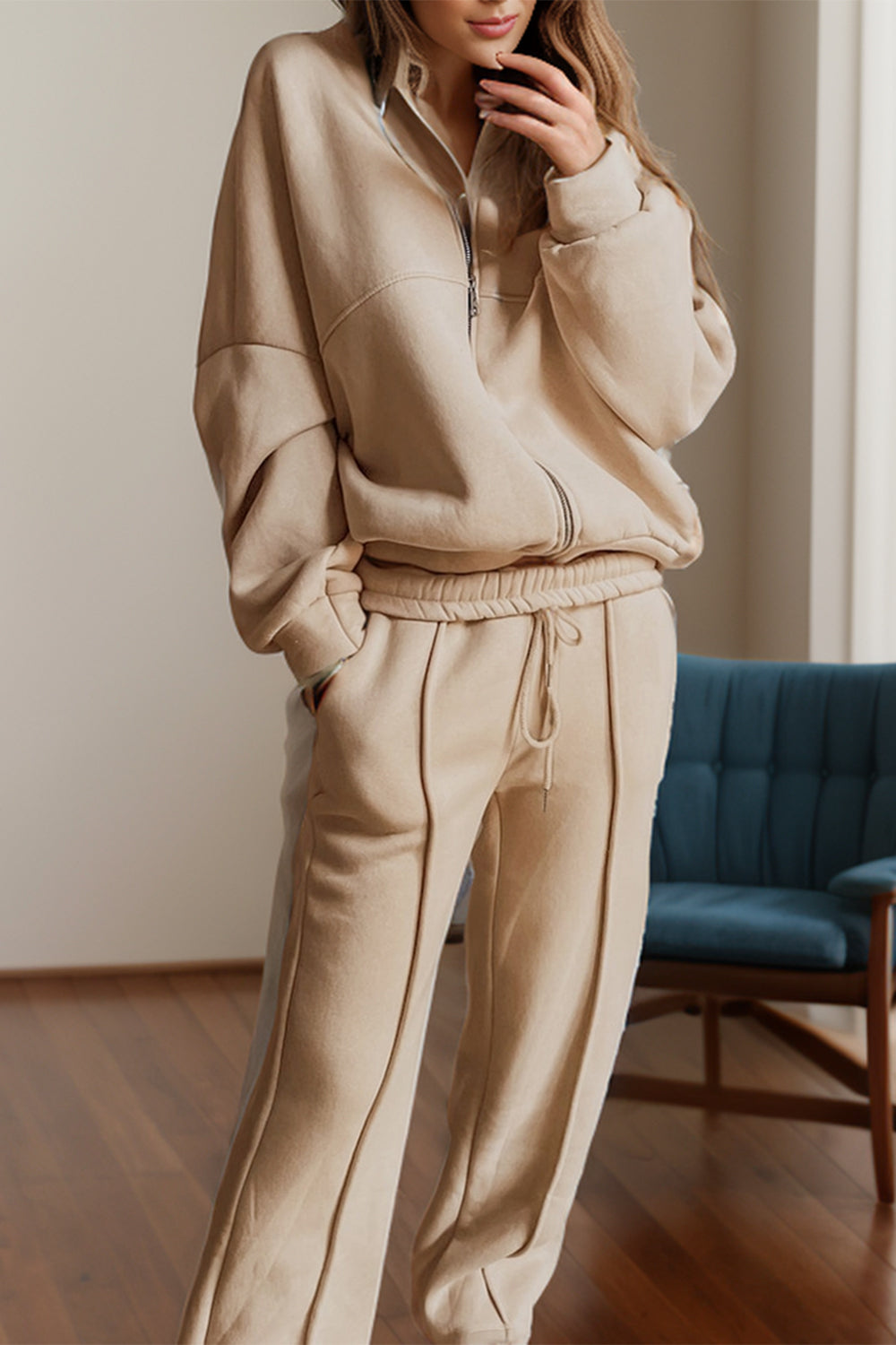 Zip Up Long Sleeve Top and Pants Set - Tan / S