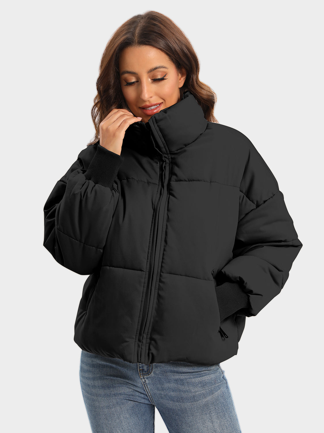 Zip Up Turtleneck Long Sleeve Winter Coat - Black / XS