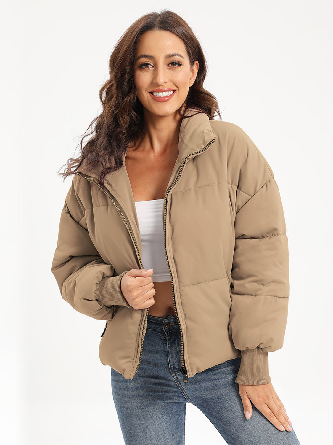 Zip Up Turtleneck Long Sleeve Winter Coat - Camel / XS