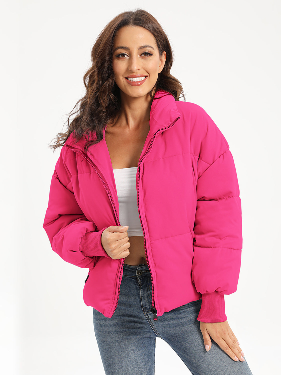 Zip Up Turtleneck Long Sleeve Winter Coat - Hot Pink / XS