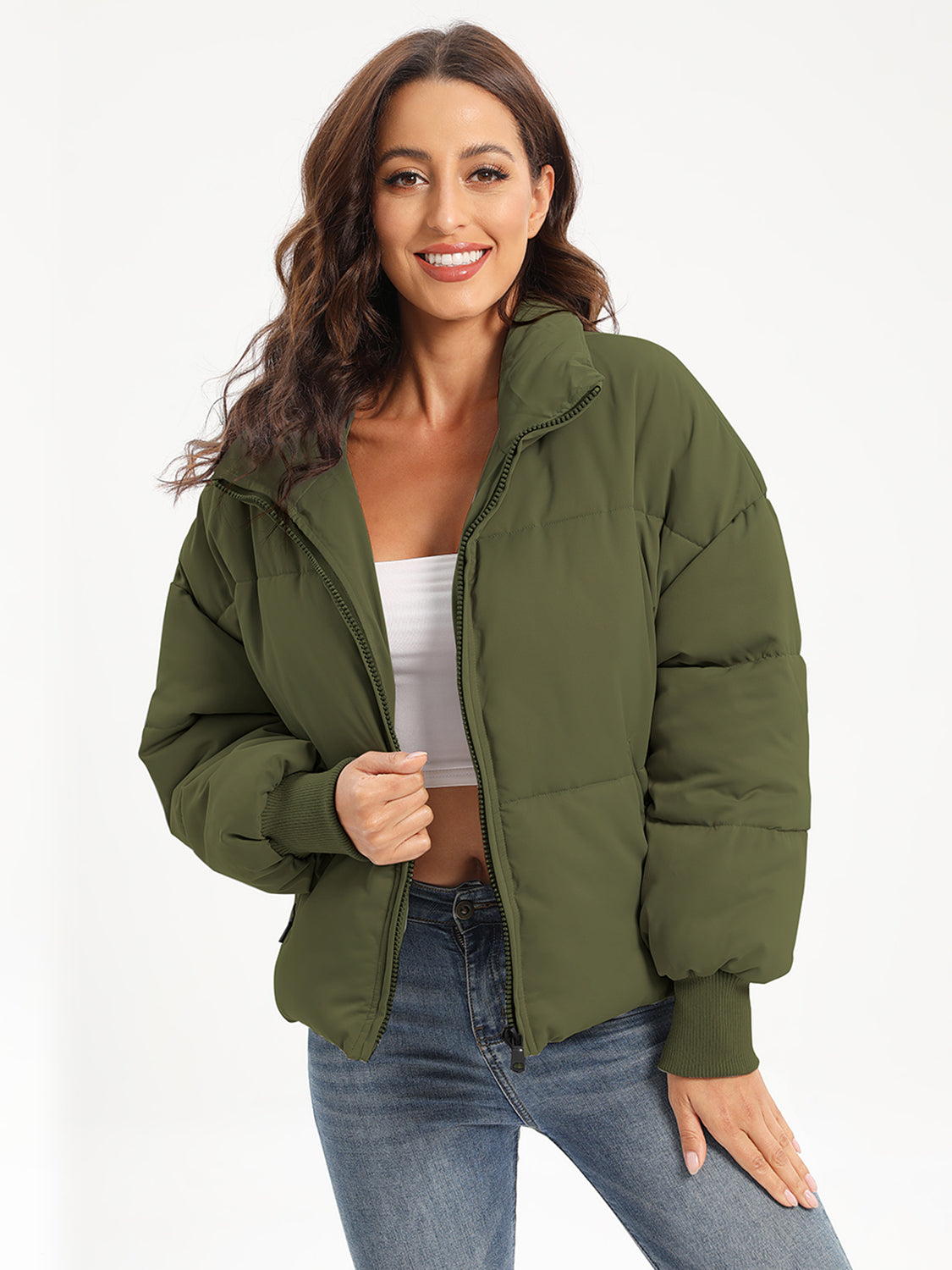 Zip Up Turtleneck Long Sleeve Winter Coat - Moss / XS