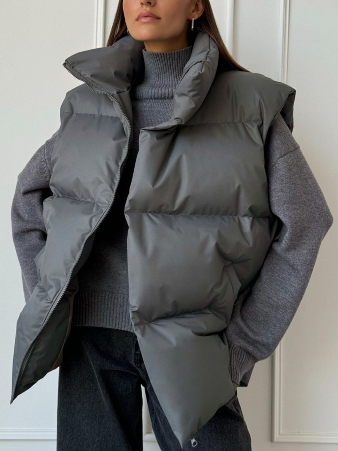 Zip Up Turtleneck Vest Coat - Dark Gray / S