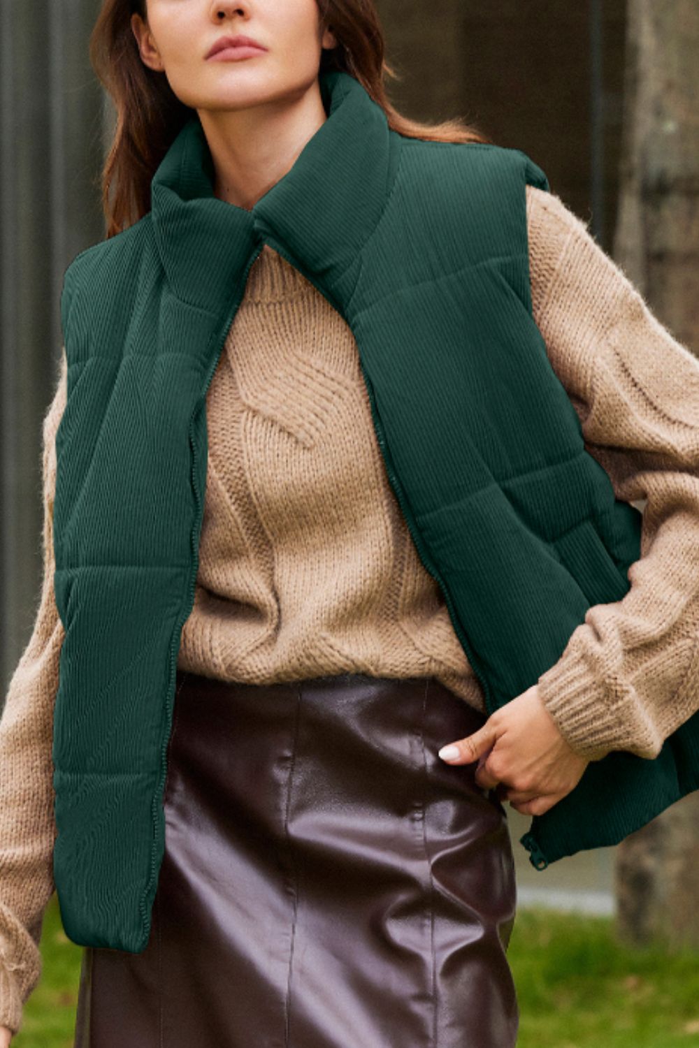 Zip Up Turtleneck Vest Coat - Dark Green / S