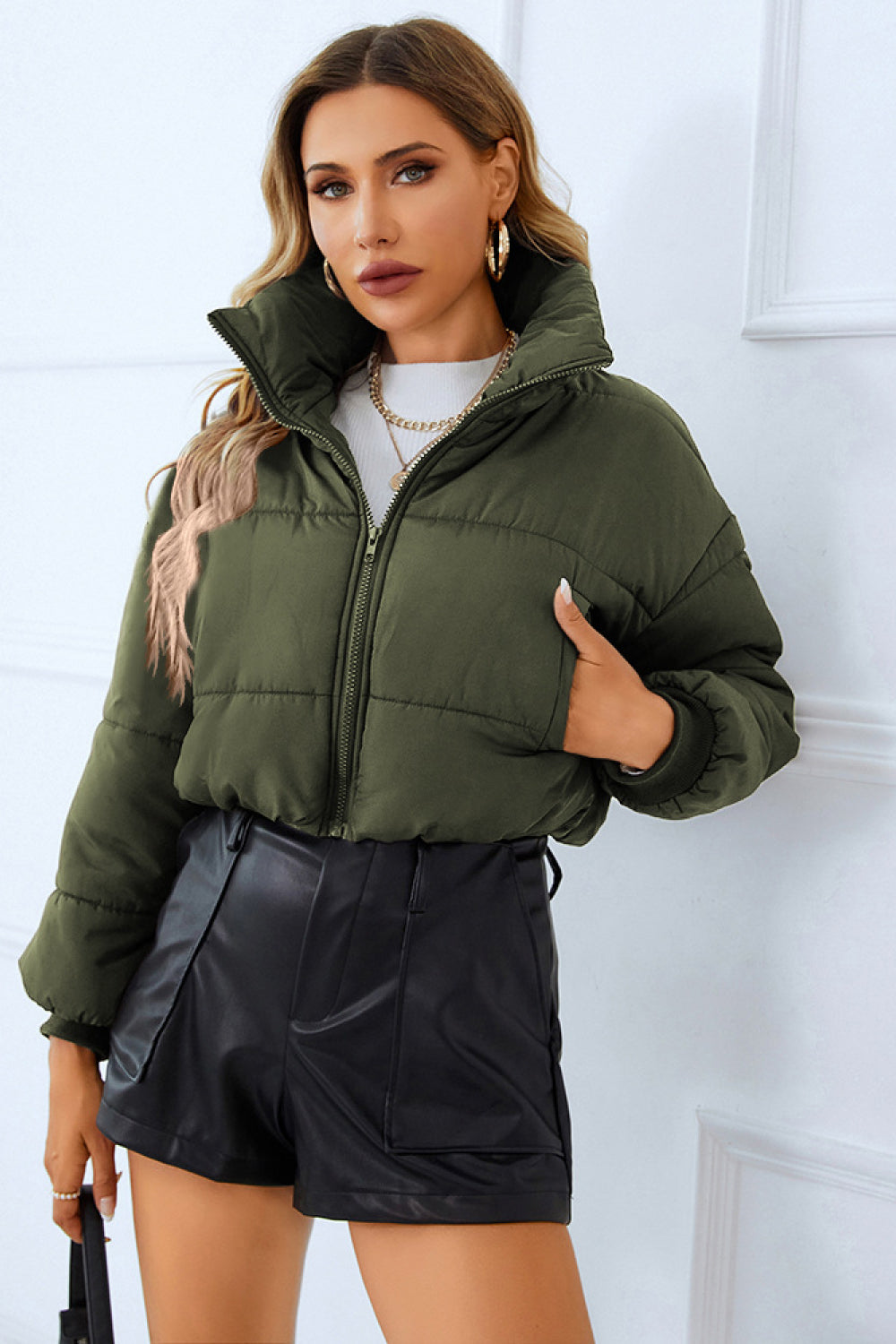 Zip-Up Winter Coat with Pockets - Army Green / S