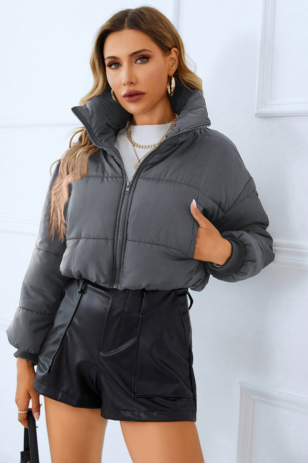 Zip-Up Winter Coat with Pockets - Dark Gray / S