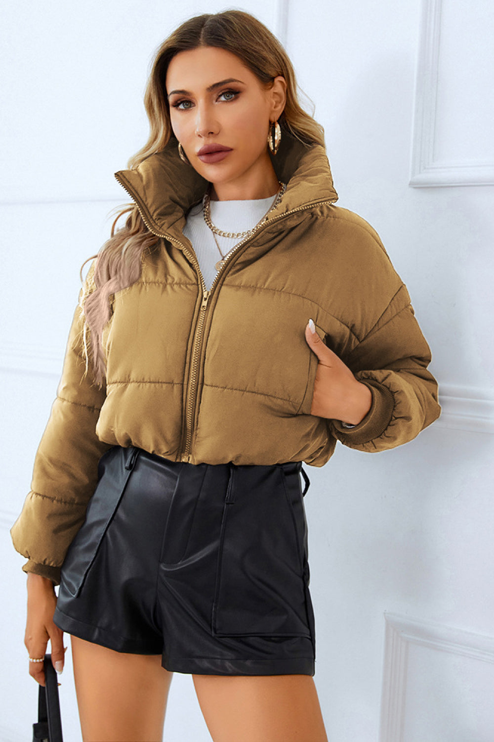 Zip-Up Winter Coat with Pockets - Mustard / S