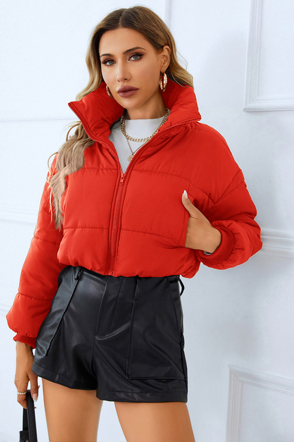 Zip-Up Winter Coat with Pockets - Red / S